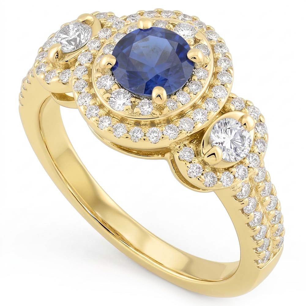 Anello con doppio alone rotondo con zaffiro e pavé di diamanti 4.50 carati
