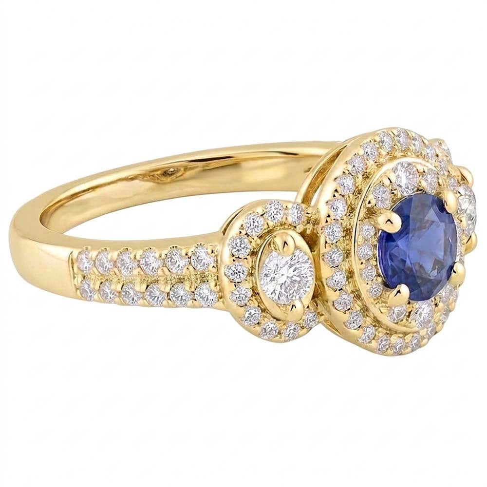 Anello con doppio alone rotondo con zaffiro e pavé di diamanti 4.50 carati