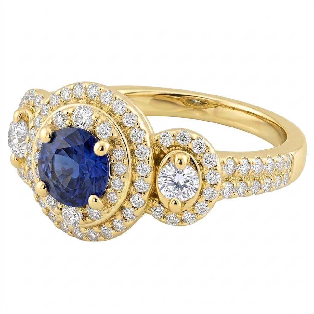 Anello con doppio alone rotondo con zaffiro e pavé di diamanti 4.50 carati