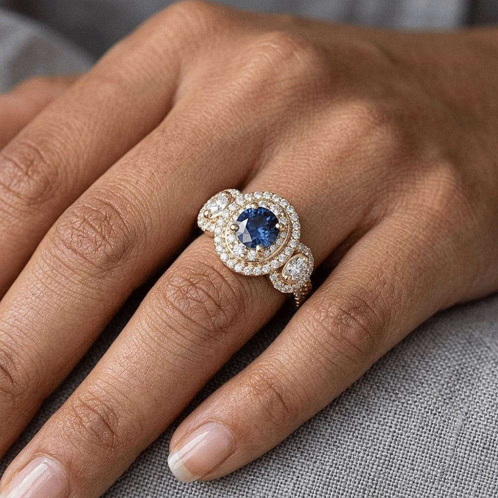 Anello con doppio alone rotondo con zaffiro e pavé di diamanti 4.50 carati