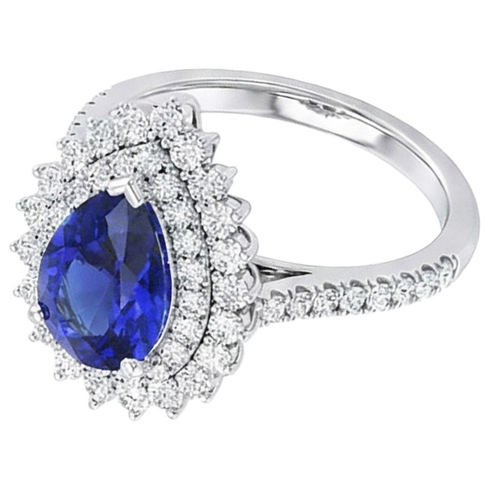 Anello con doppio anello di diamanti a forma di fiore pera blu zaffiro 5.50 carati