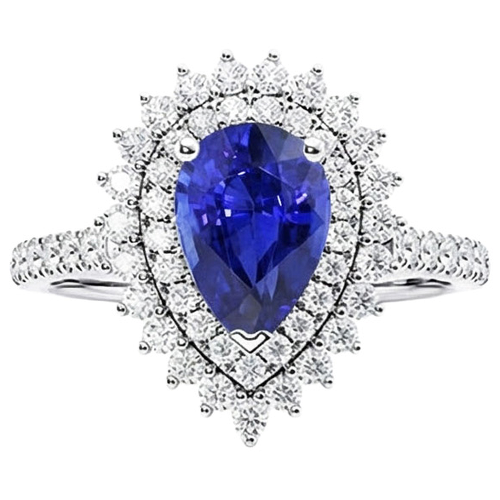 Anello con doppio anello di diamanti a forma di fiore pera blu zaffiro 5.50 carati
