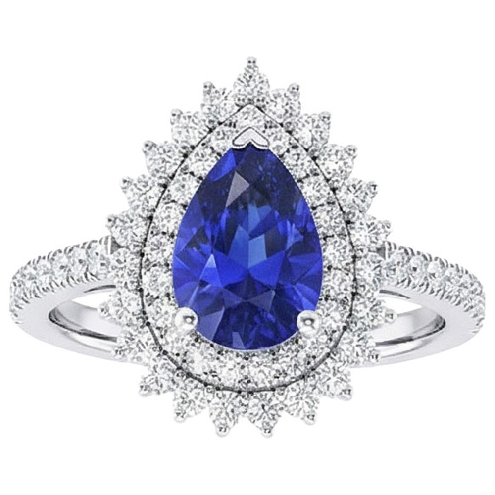 Anello con doppio anello di diamanti a forma di fiore pera blu zaffiro 5.50 carati