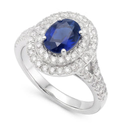 Anello con doppio anello di diamanti con zaffiro blu ovale in oro 14K 11.25 carati