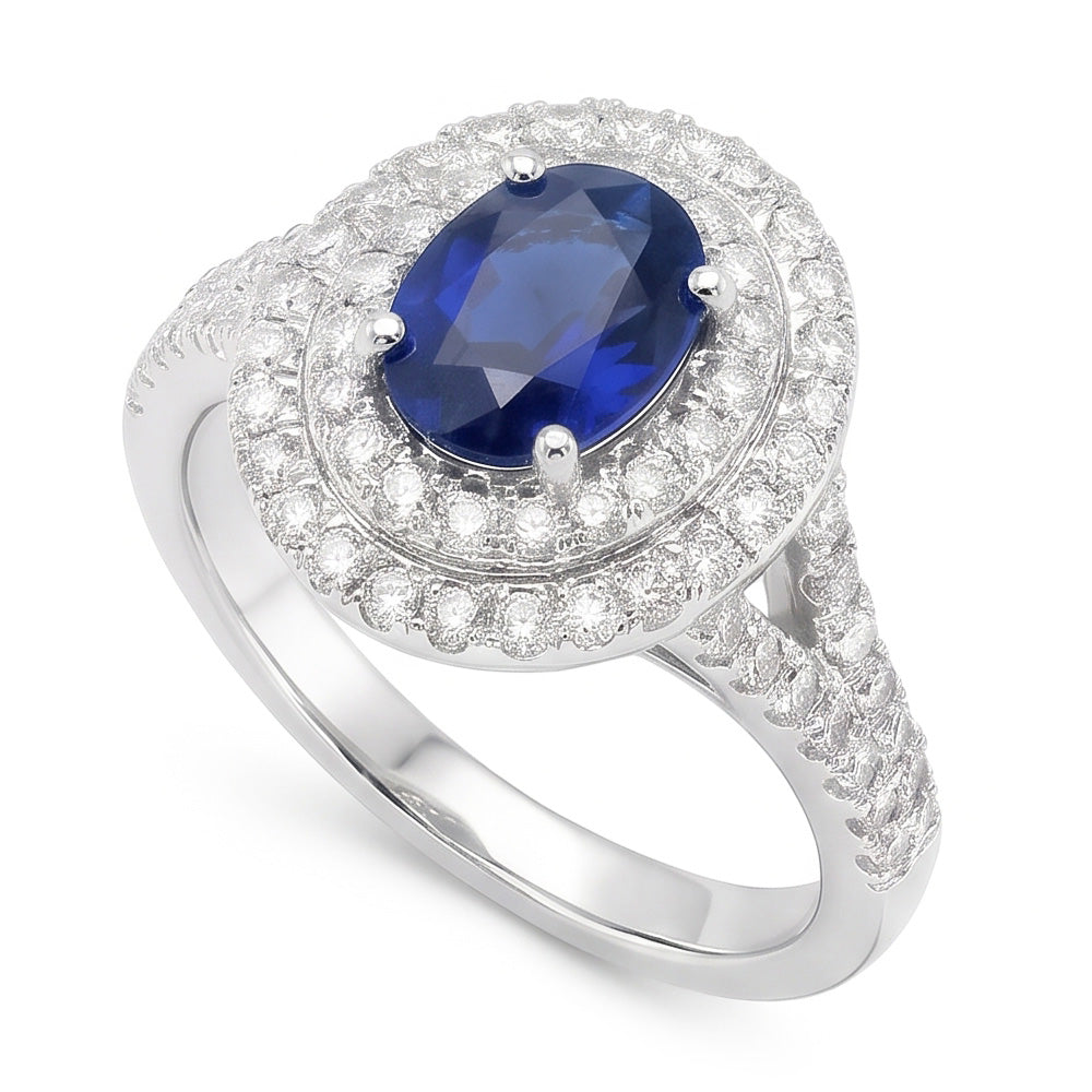 Anello con doppio anello di diamanti con zaffiro blu ovale in oro 14K 11.25 carati