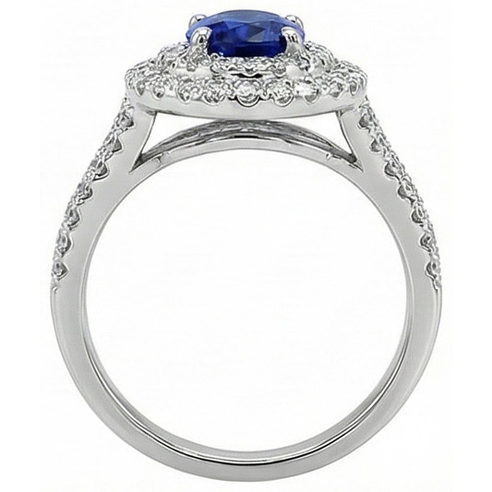 Anello con doppio anello di diamanti con zaffiro blu ovale in oro 14K 11.25 carati