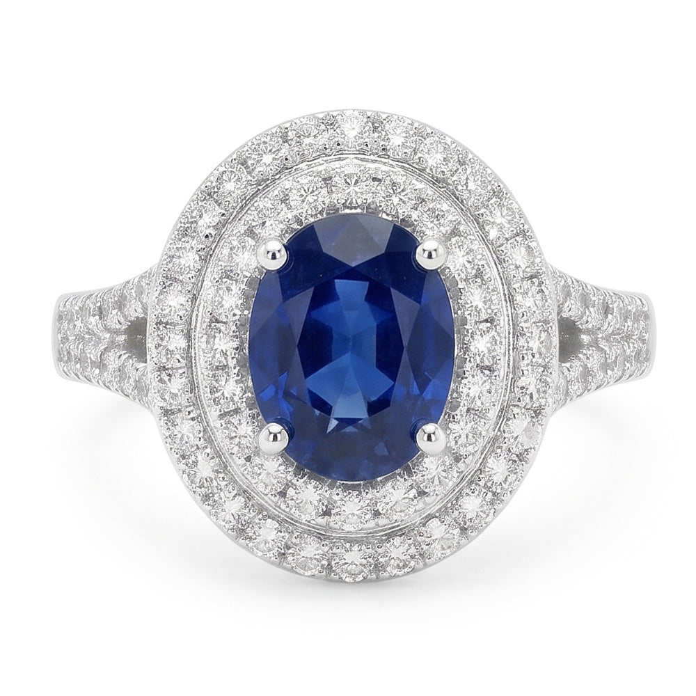 Anello con doppio anello di diamanti con zaffiro blu ovale in oro 14K 11.25 carati