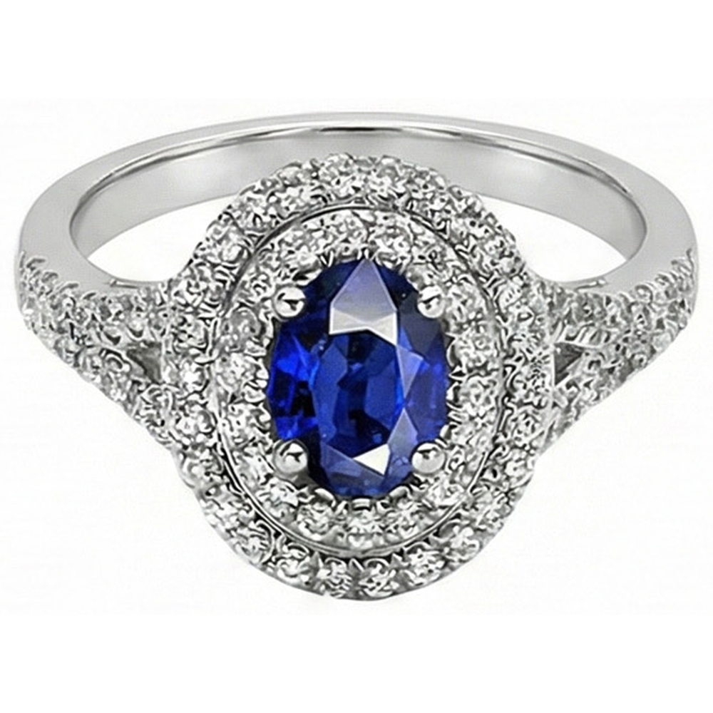 Anello con doppio anello di diamanti con zaffiro blu ovale in oro 14K 11.25 carati
