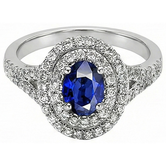 Anello con doppio anello di diamanti con zaffiro blu ovale in oro 14K 11.25 carati