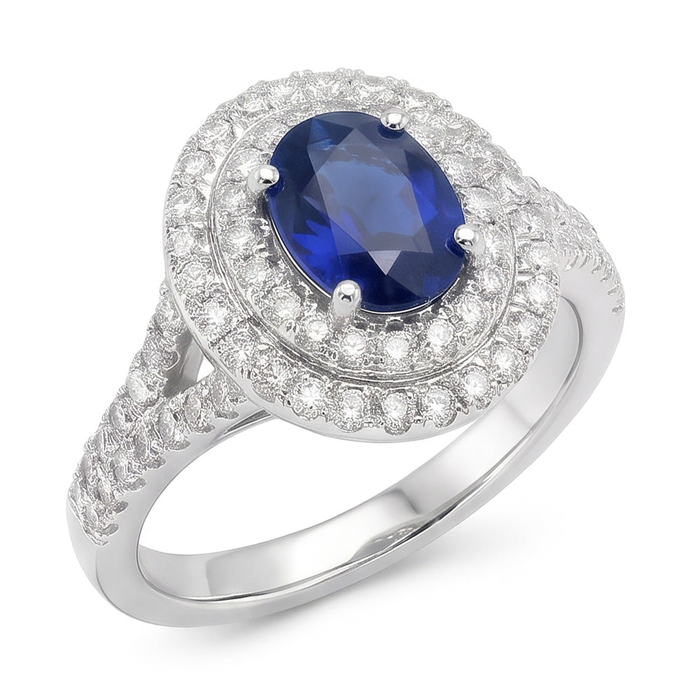 Anello con doppio anello di diamanti con zaffiro blu ovale in oro 14K 11.25 carati