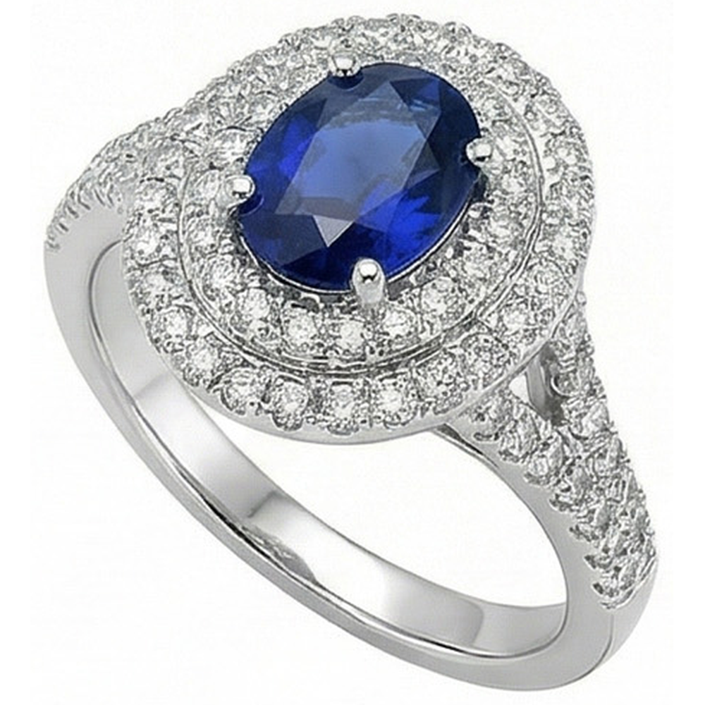 Anello con doppio anello di diamanti con zaffiro blu ovale in oro 14K 11.25 carati