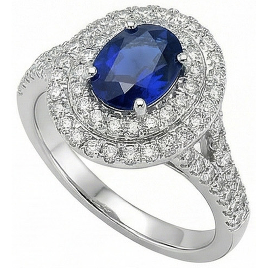 Anello con doppio anello di diamanti con zaffiro blu ovale in oro 14K 11.25 carati
