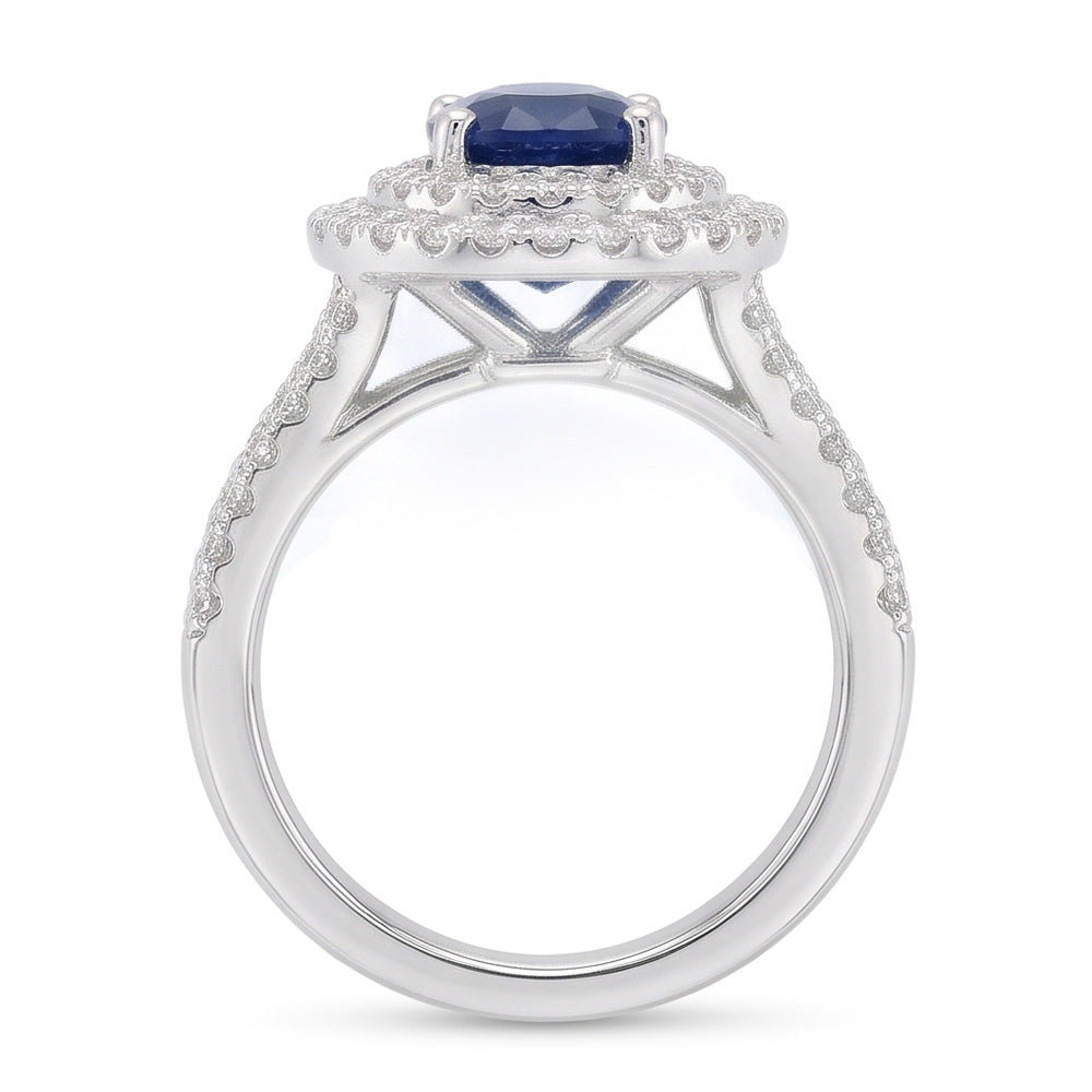 Anello con doppio anello di diamanti con zaffiro blu ovale in oro 14K 11.25 carati
