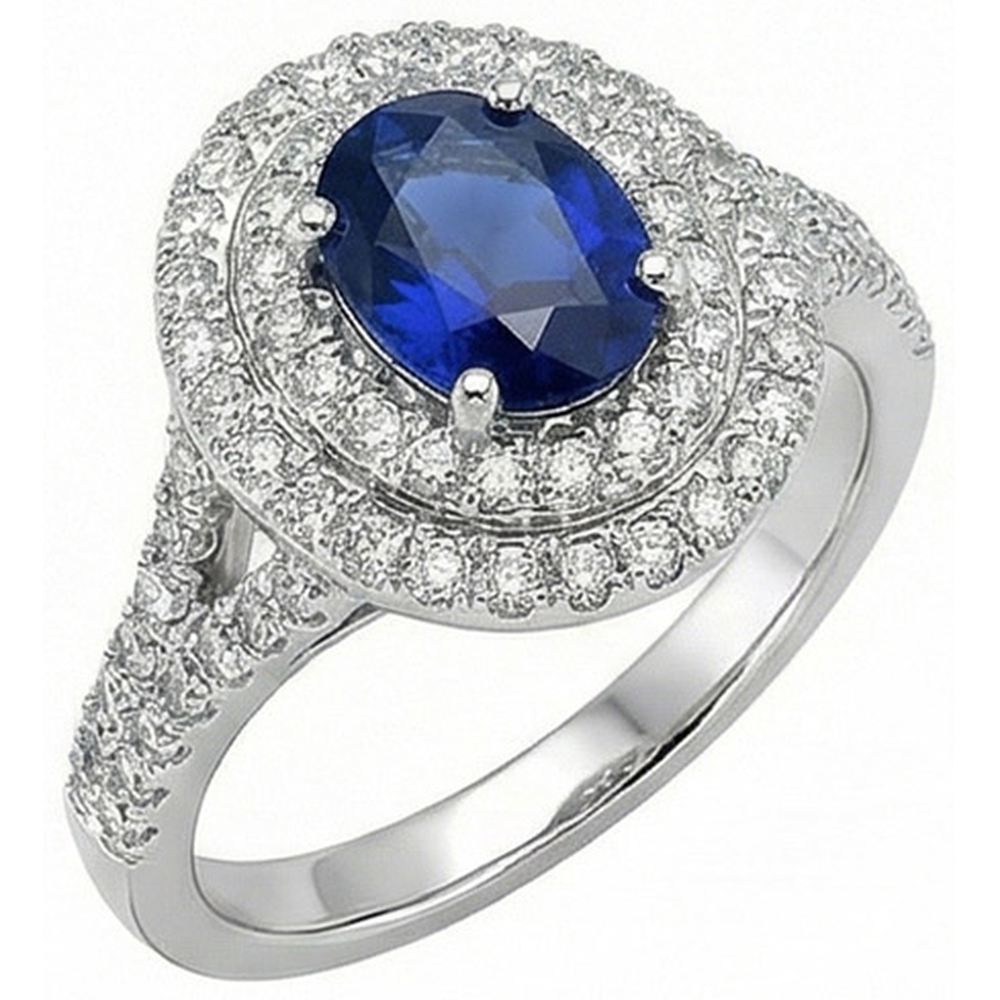 Anello con doppio anello di diamanti con zaffiro blu ovale in oro 14K 11.25 carati