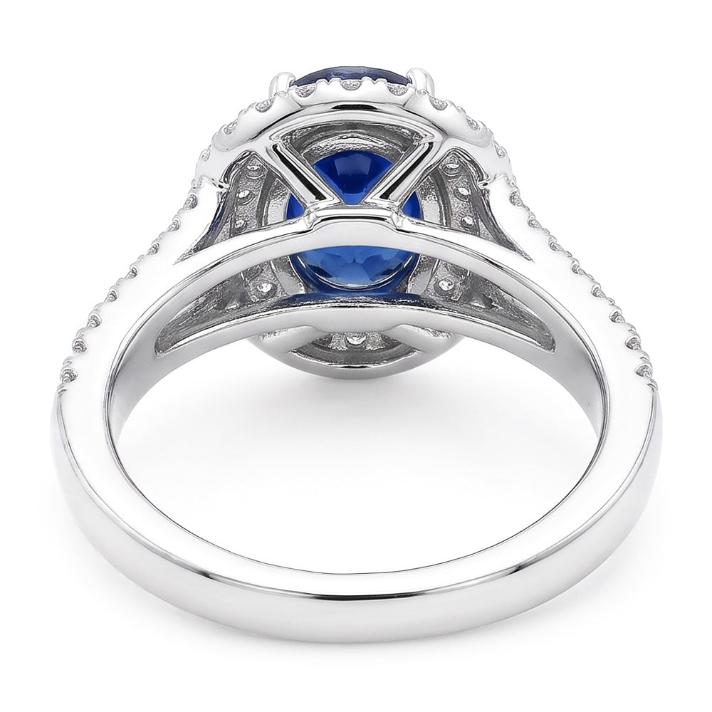 Anello con doppio anello di diamanti con zaffiro blu ovale in oro 14K 11.25 carati
