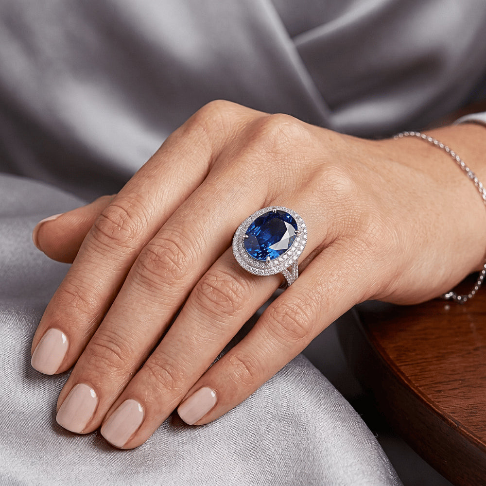 Anello con doppio anello di diamanti con zaffiro blu ovale in oro 14K 11.25 carati