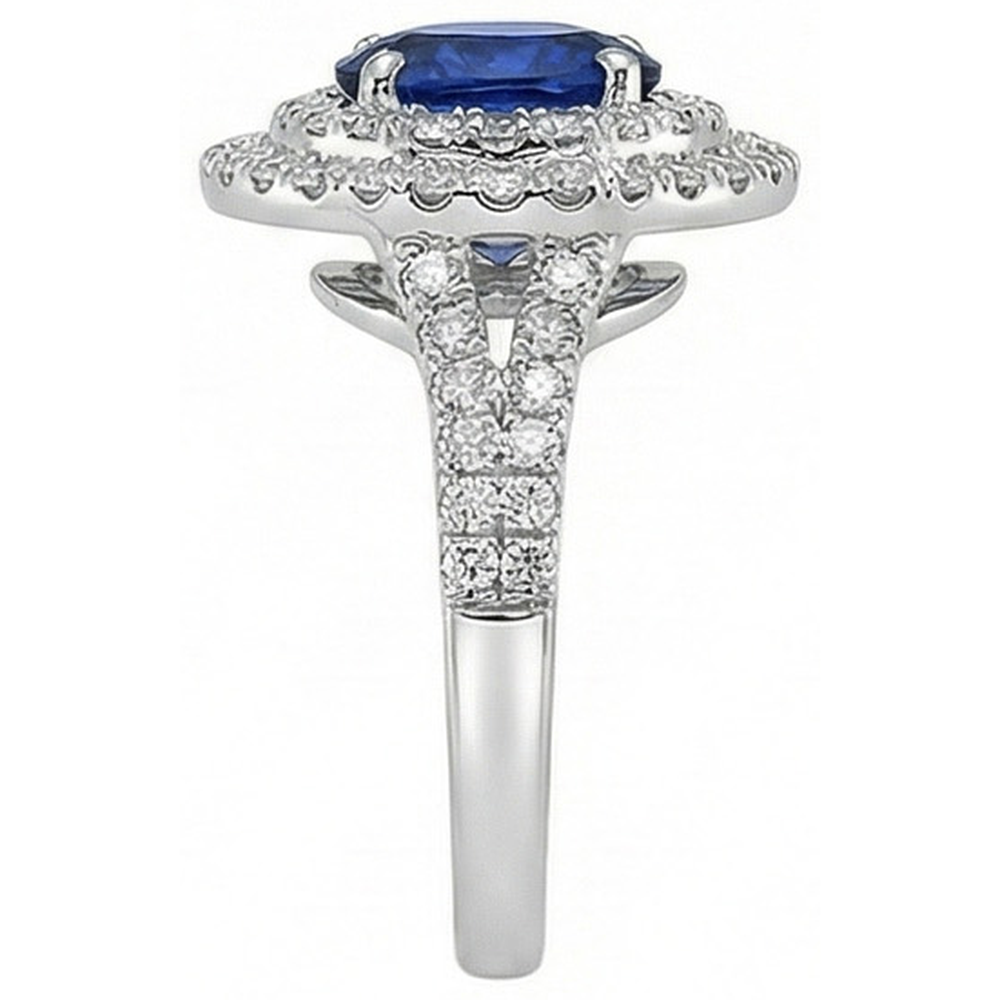 Anello con doppio anello di diamanti con zaffiro blu ovale in oro 14K 11.25 carati