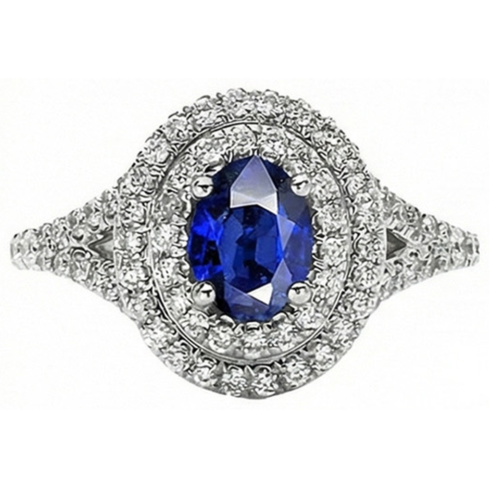 Anello con doppio anello di diamanti con zaffiro blu ovale in oro 14K 11.25 carati