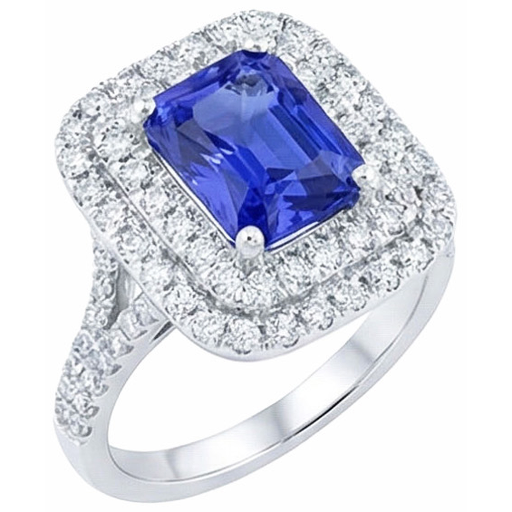 Anello con doppio anello di diamanti. zaffiro radiante. gambo diviso 4 carati