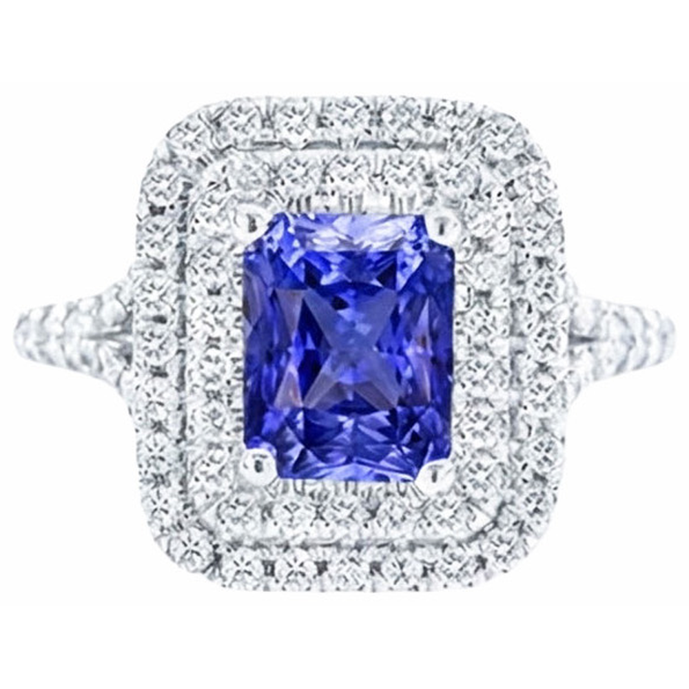 Anello con doppio anello di diamanti. zaffiro radiante. gambo diviso 4 carati