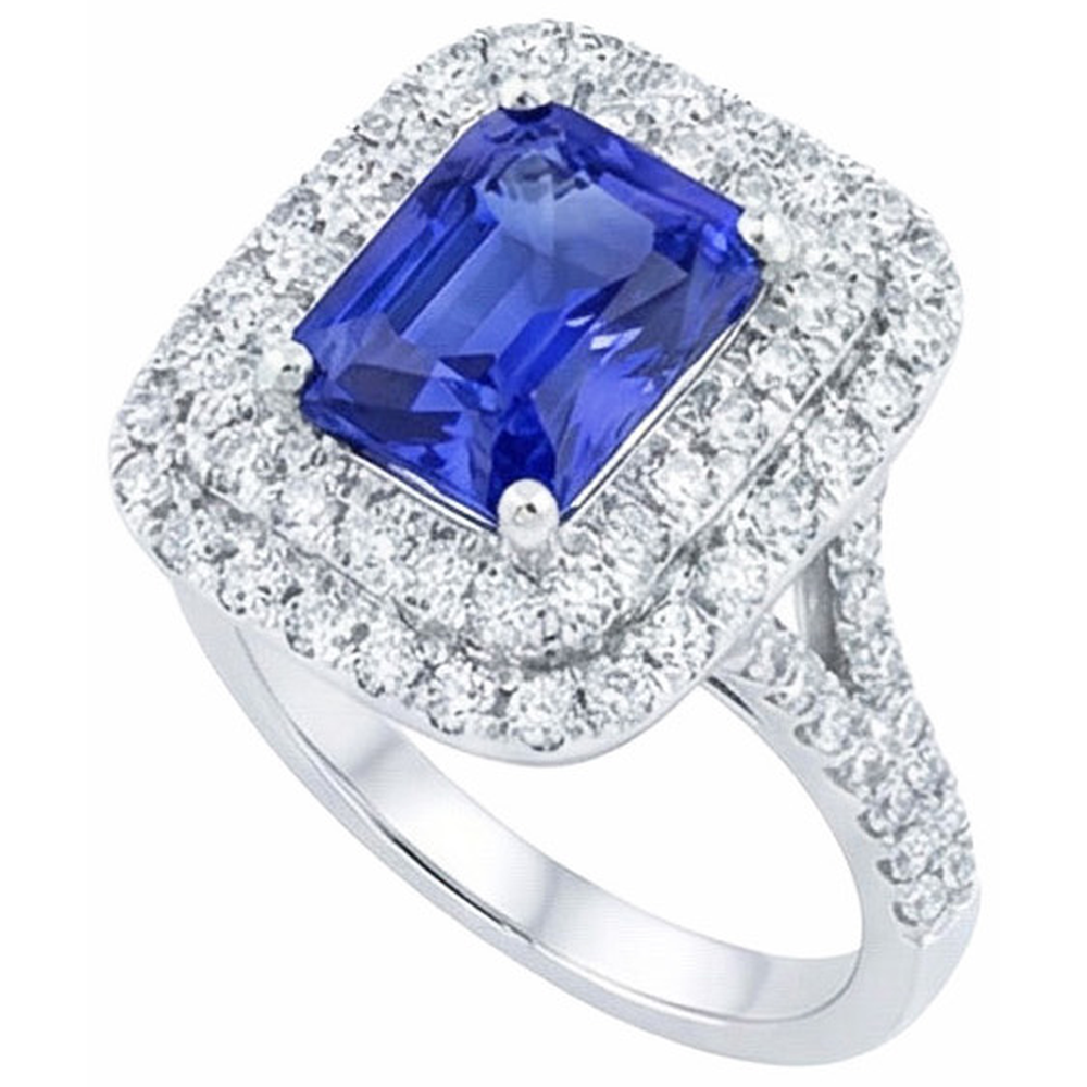 Anello con doppio anello di diamanti. zaffiro radiante. gambo diviso 4 carati