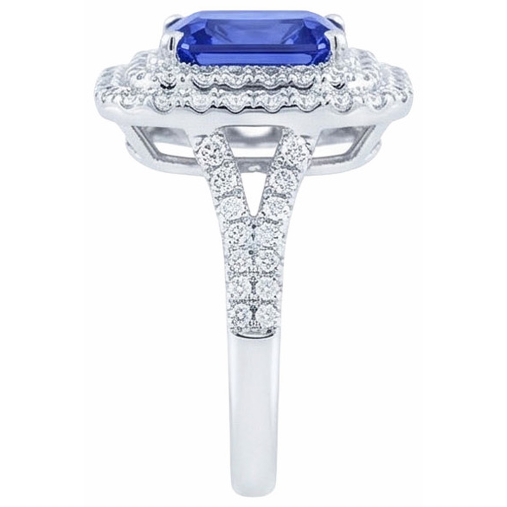 Anello con doppio anello di diamanti. zaffiro radiante. gambo diviso 4 carati
