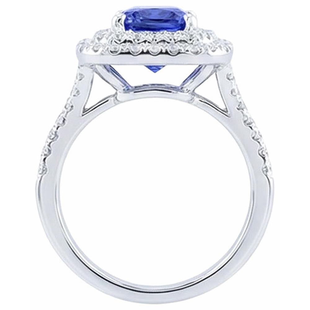 Anello con doppio anello di diamanti. zaffiro radiante. gambo diviso 4 carati