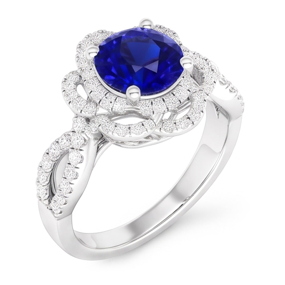 Anello con doppio anello in zaffiro blu rotondo a forma di fiore con gambo diviso 5 carati