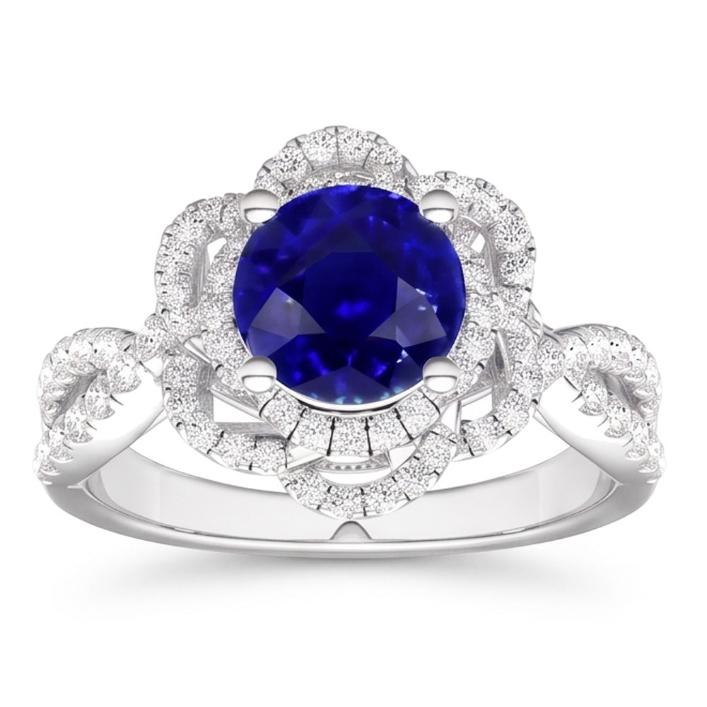 Anello con doppio anello in zaffiro blu rotondo a forma di fiore con gambo diviso 5 carati