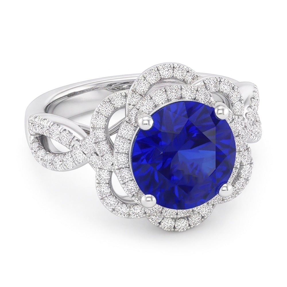 Anello con doppio anello in zaffiro blu rotondo a forma di fiore con gambo diviso 5 carati