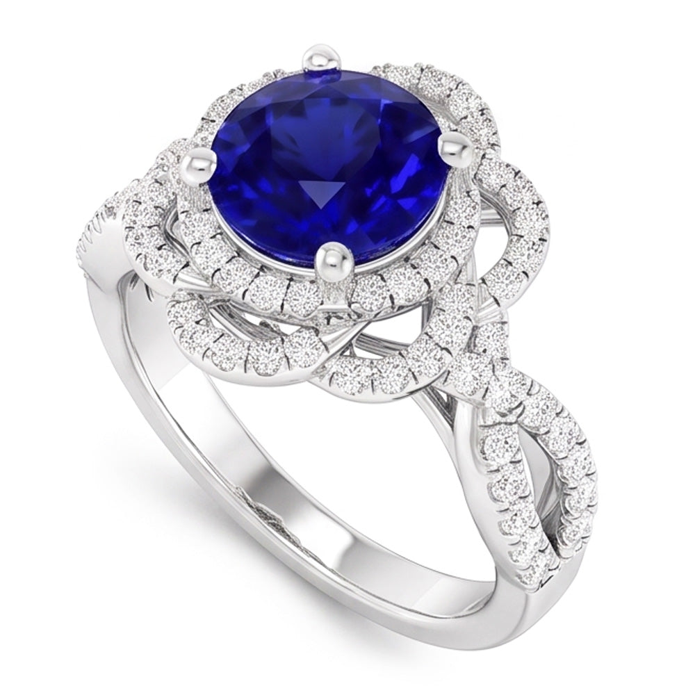 Anello con doppio anello in zaffiro blu rotondo a forma di fiore con gambo diviso 5 carati