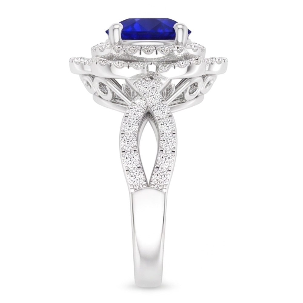 Anello con doppio anello in zaffiro blu rotondo a forma di fiore con gambo diviso 5 carati