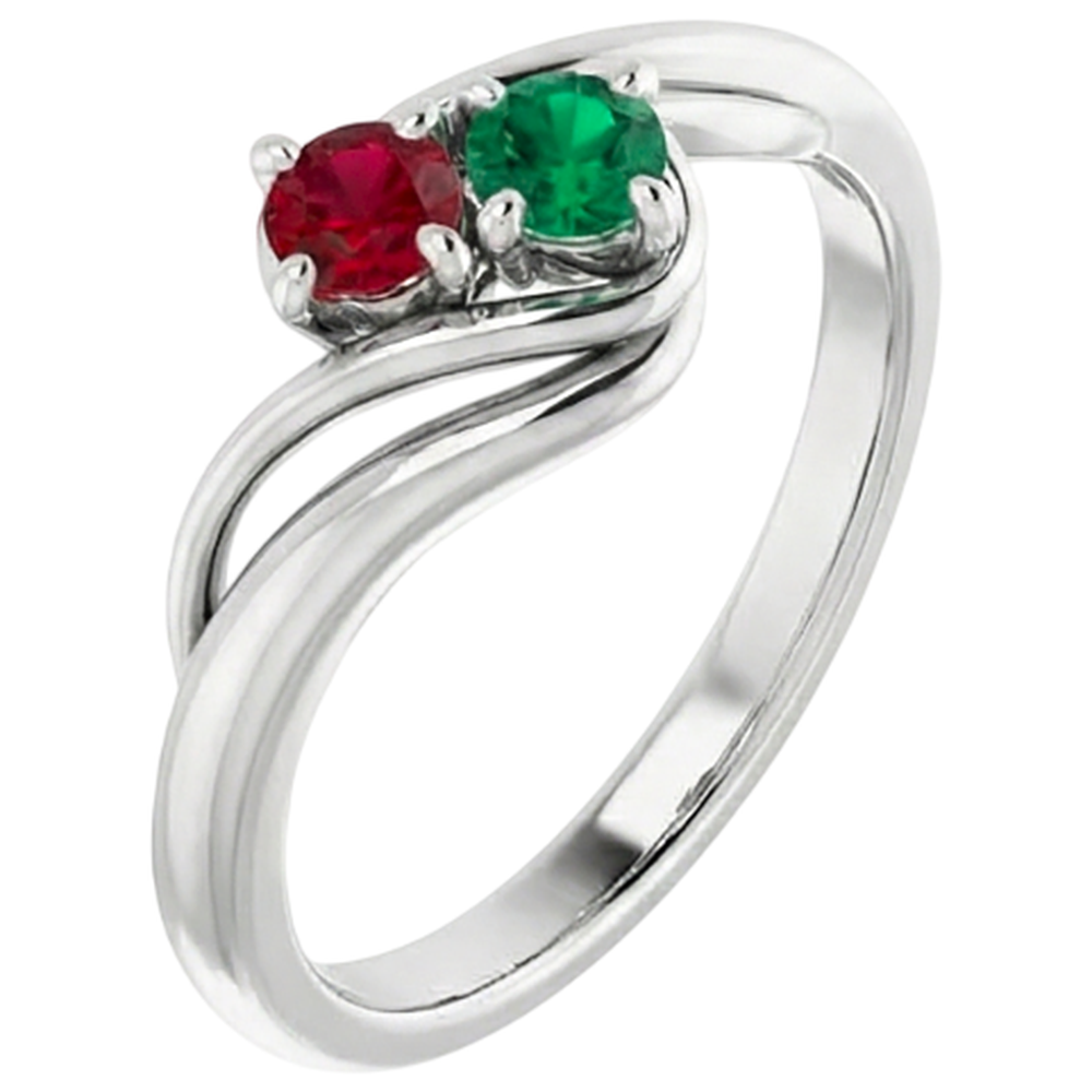 Anello con gambo bypass in oro bianco da 1 carato con pietre di smeraldo e rubino 14K