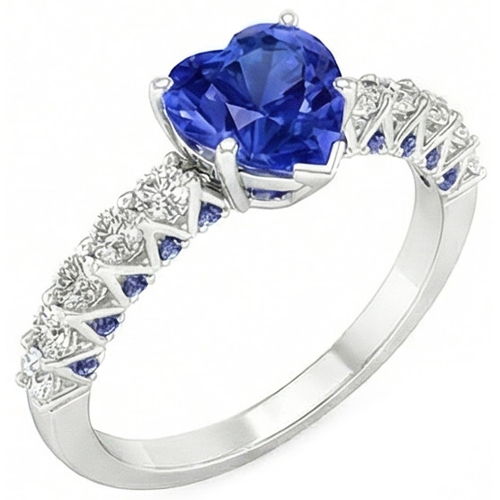 Anello con gemma Cuore 2,50 carati Zaffiri blu e diamanti tondi in oro bianco 14K