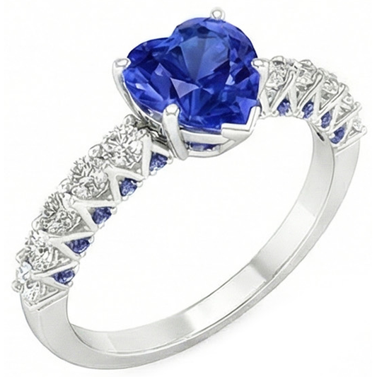 Anello con gemma Cuore 2,50 carati Zaffiri blu e diamanti tondi in oro bianco 14K