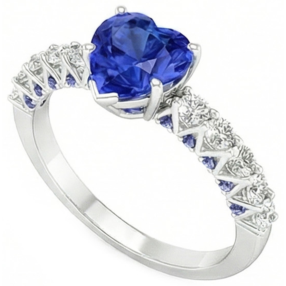 Anello con gemma Cuore 2,50 carati Zaffiri blu e diamanti tondi in oro bianco 14K