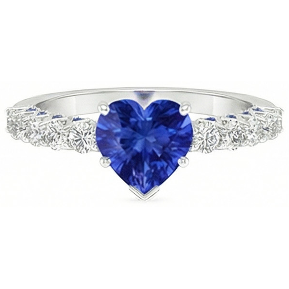Anello con gemma Cuore 2,50 carati Zaffiri blu e diamanti tondi in oro bianco 14K