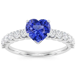 Anello con gemma a forma di cuore 3 carati Zaffiro blu e pavé di diamanti