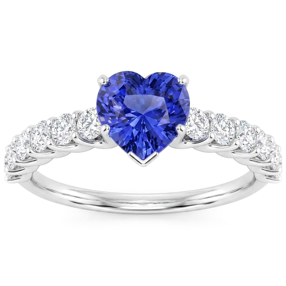 Anello con gemma a forma di cuore 3 carati Zaffiro blu e pavé di diamanti