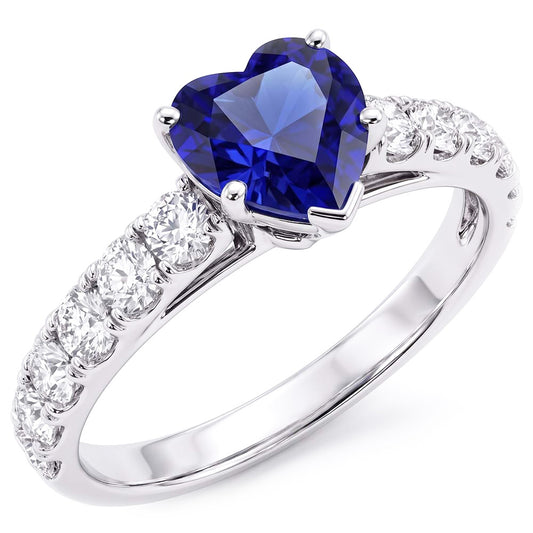 Anello con gemma di zaffiro a forma di cuore e accenti di diamanti a doppia pavé 3.50 carati