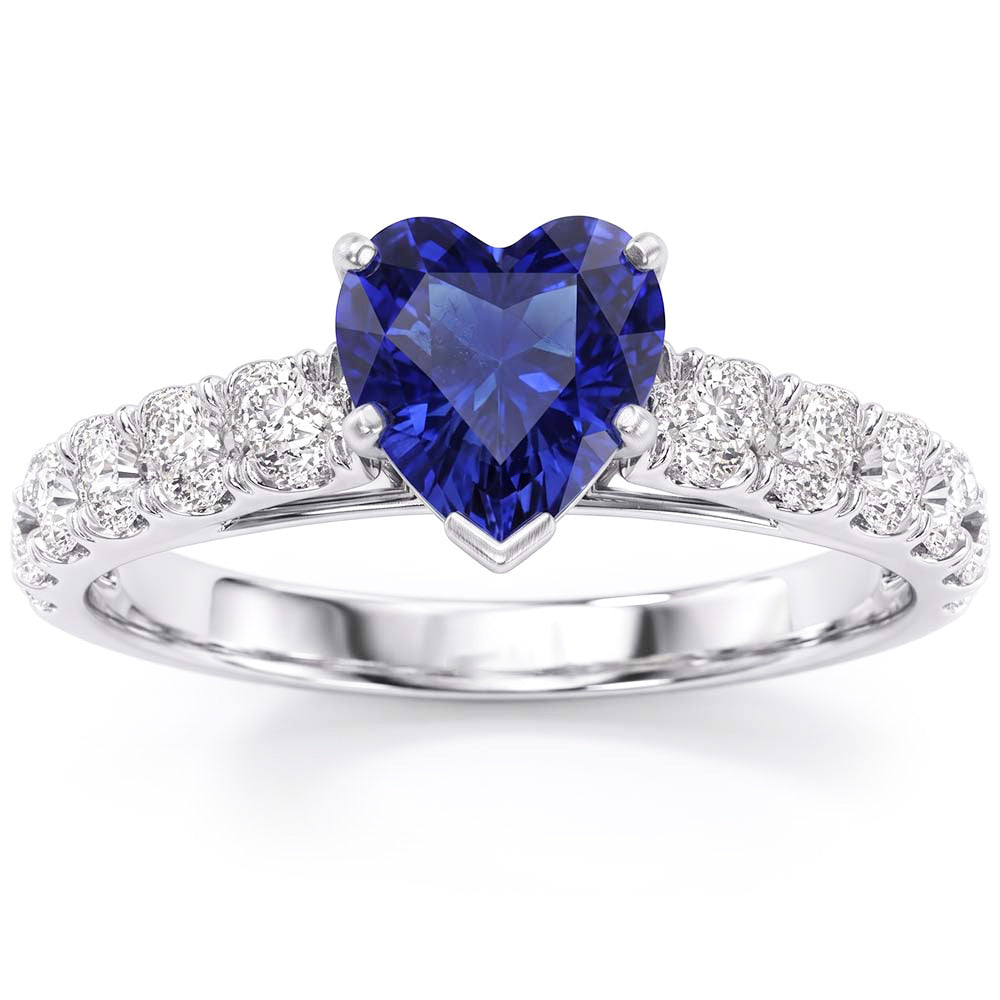 Anello con gemma di zaffiro a forma di cuore e accenti di diamanti a doppia pavé 3.50 carati