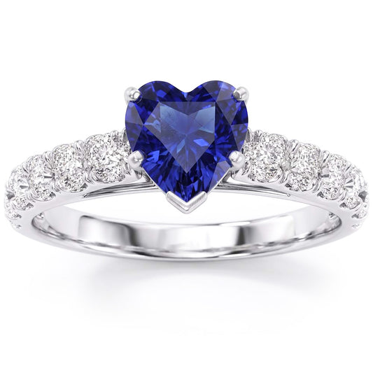 Anello con gemma di zaffiro a forma di cuore e accenti di diamanti a doppia pavé 3.50 carati
