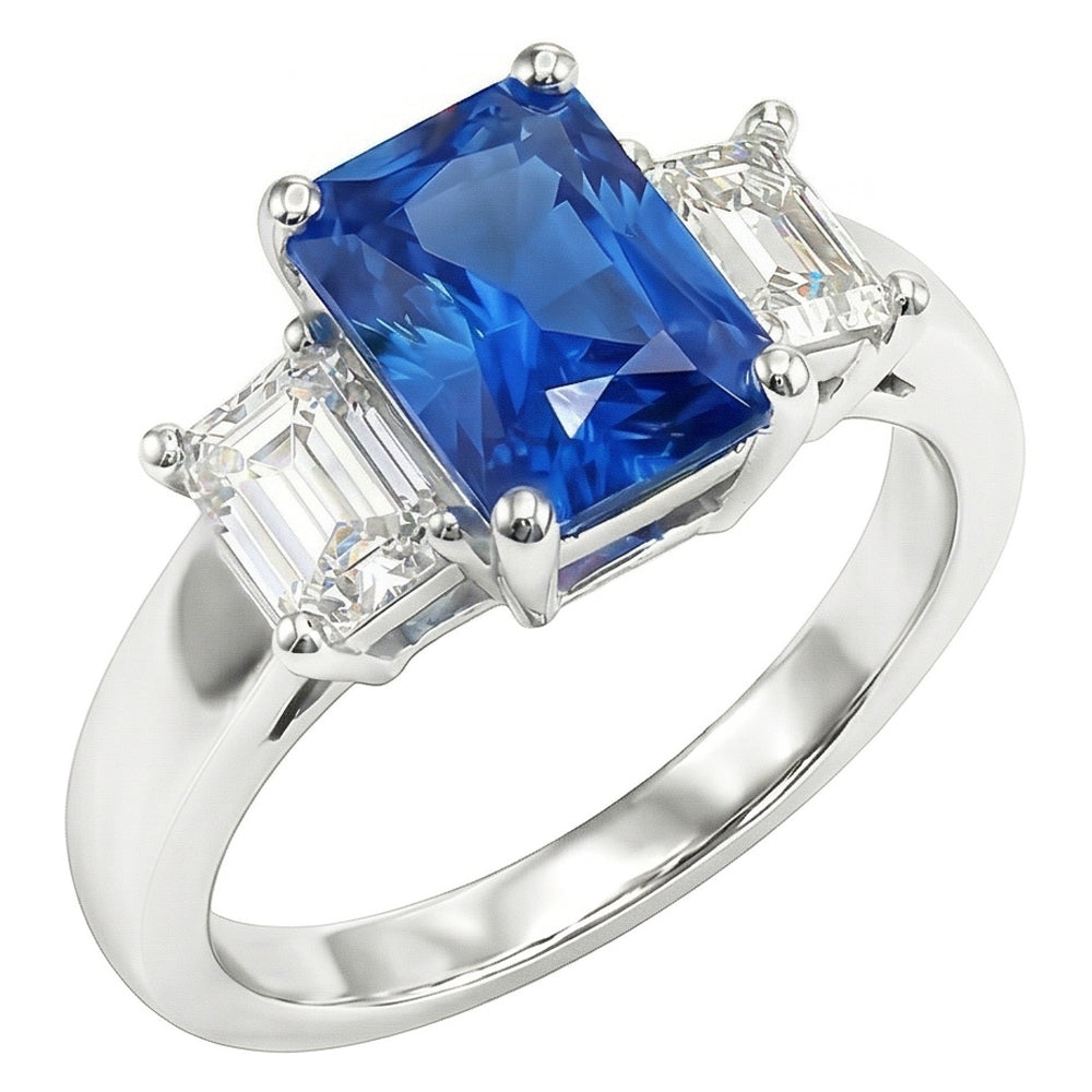 Anello con gemma di zaffiro blu smeraldo da 3 carati e 3 pietre di diamanti