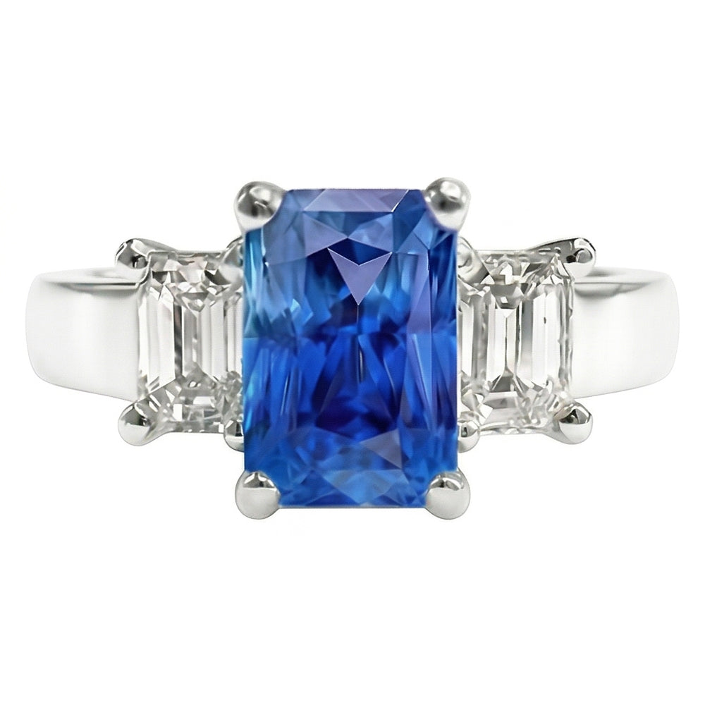 Anello con gemma di zaffiro blu smeraldo da 3 carati e 3 pietre di diamanti