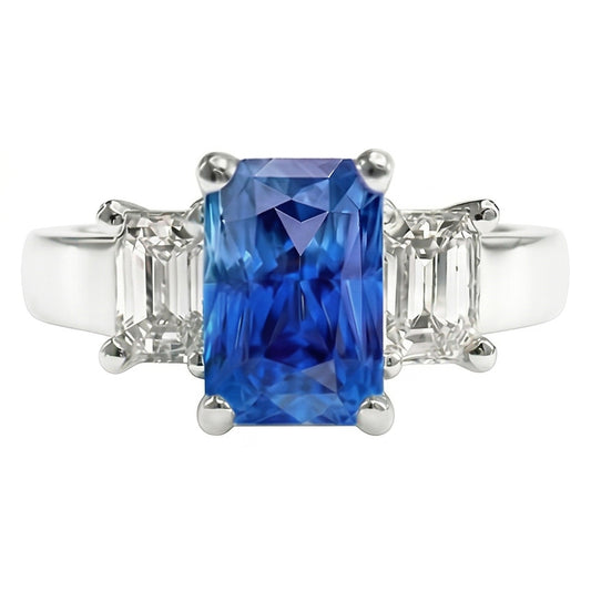 Anello con gemma di zaffiro blu smeraldo da 3 carati e 3 pietre di diamanti