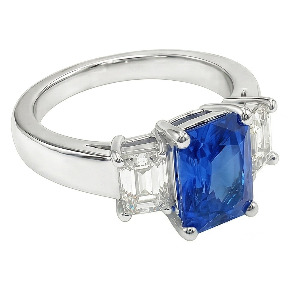 Anello con gemma di zaffiro blu smeraldo da 3 carati e 3 pietre di diamanti