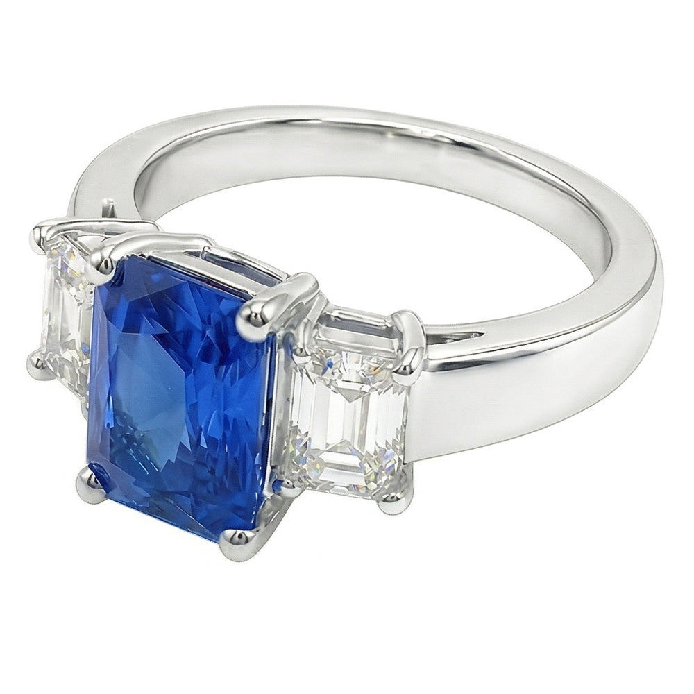 Anello con gemma di zaffiro blu smeraldo da 3 carati e 3 pietre di diamanti