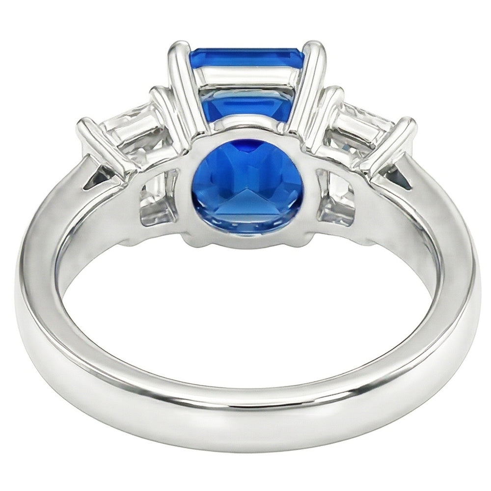 Anello con gemma di zaffiro blu smeraldo da 3 carati e 3 pietre di diamanti
