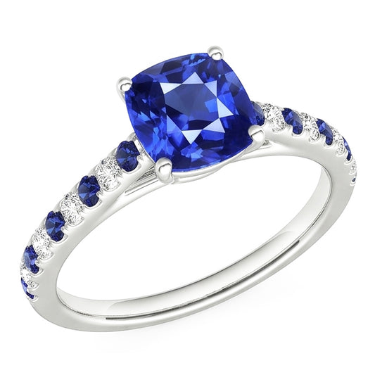 Anello con gemme a cuscino. zaffiro blu rotondo e diamanti 2.50 carati