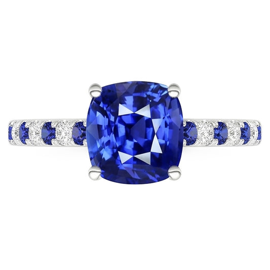 Anello con gemme a cuscino. zaffiro blu rotondo e diamanti 2.50 carati